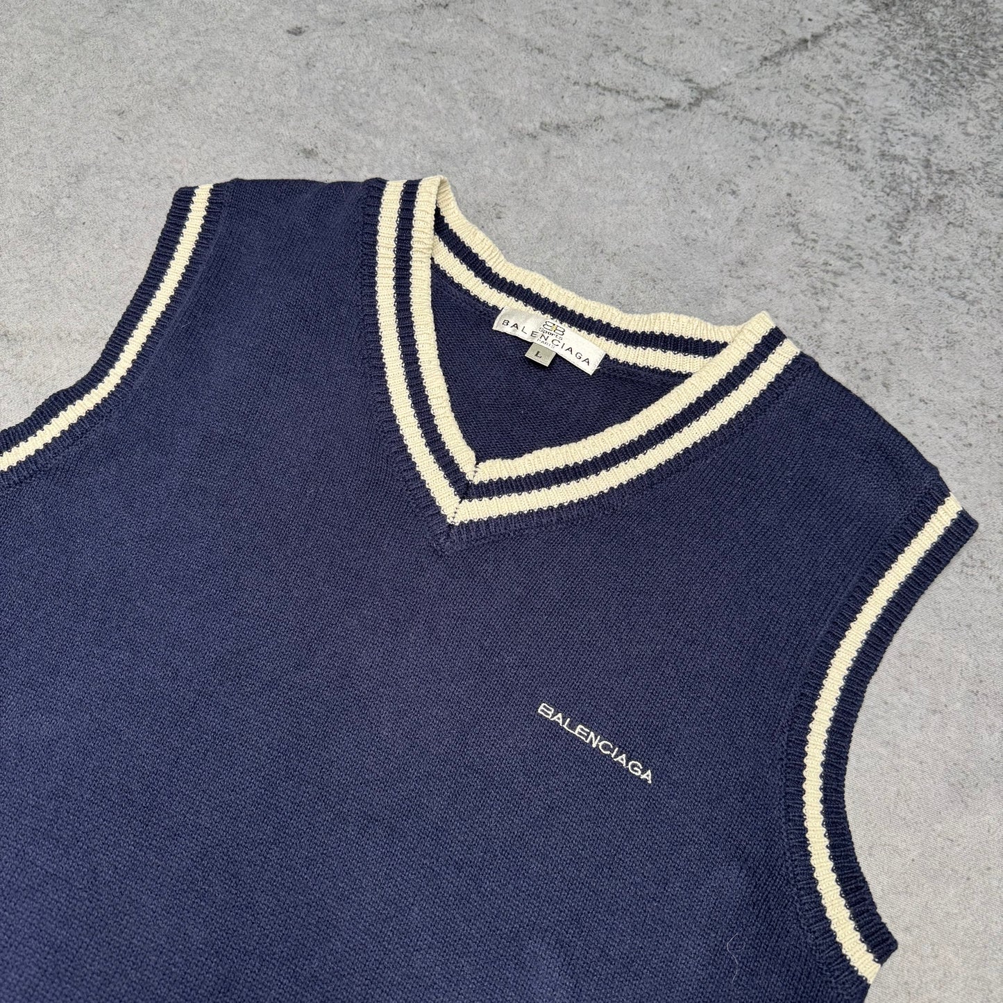 Balenciaga Vintage Knit Vest Pullover V-Neck navy blue white (fits S-M)
