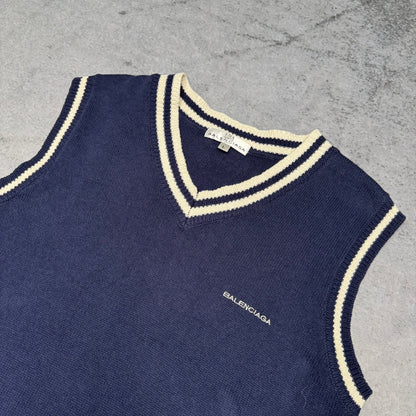 Balenciaga Vintage Knit Vest Pullover V-Neck navy blue white (fits S-M)