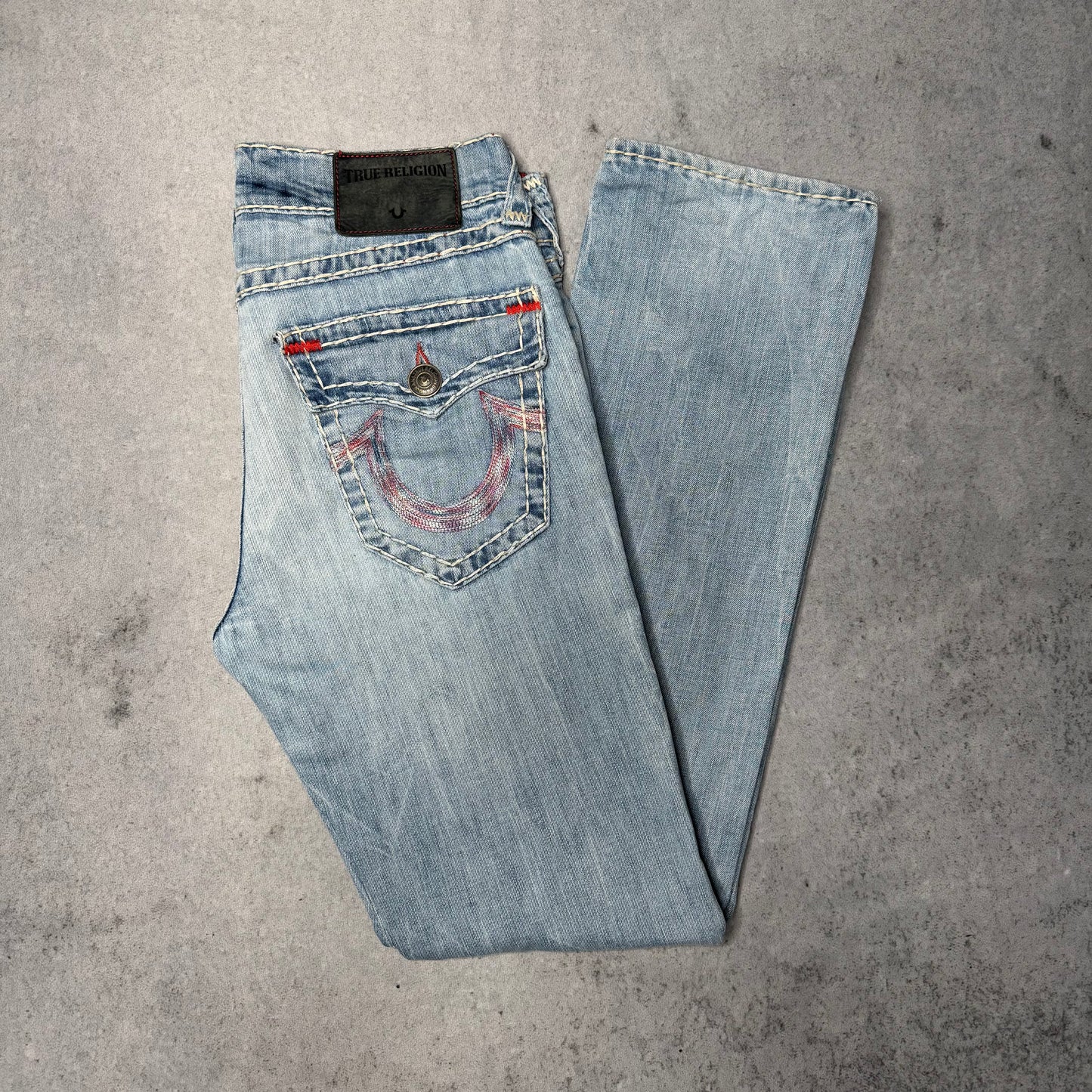 True Religion Vintage Ricky Super T Jeans w/ Flap light blue pink horseshoe (31)