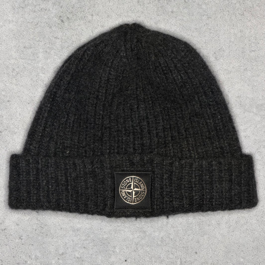 Stone Island Ribbed Knit Beanie Hat Compass Patch Dark Grey