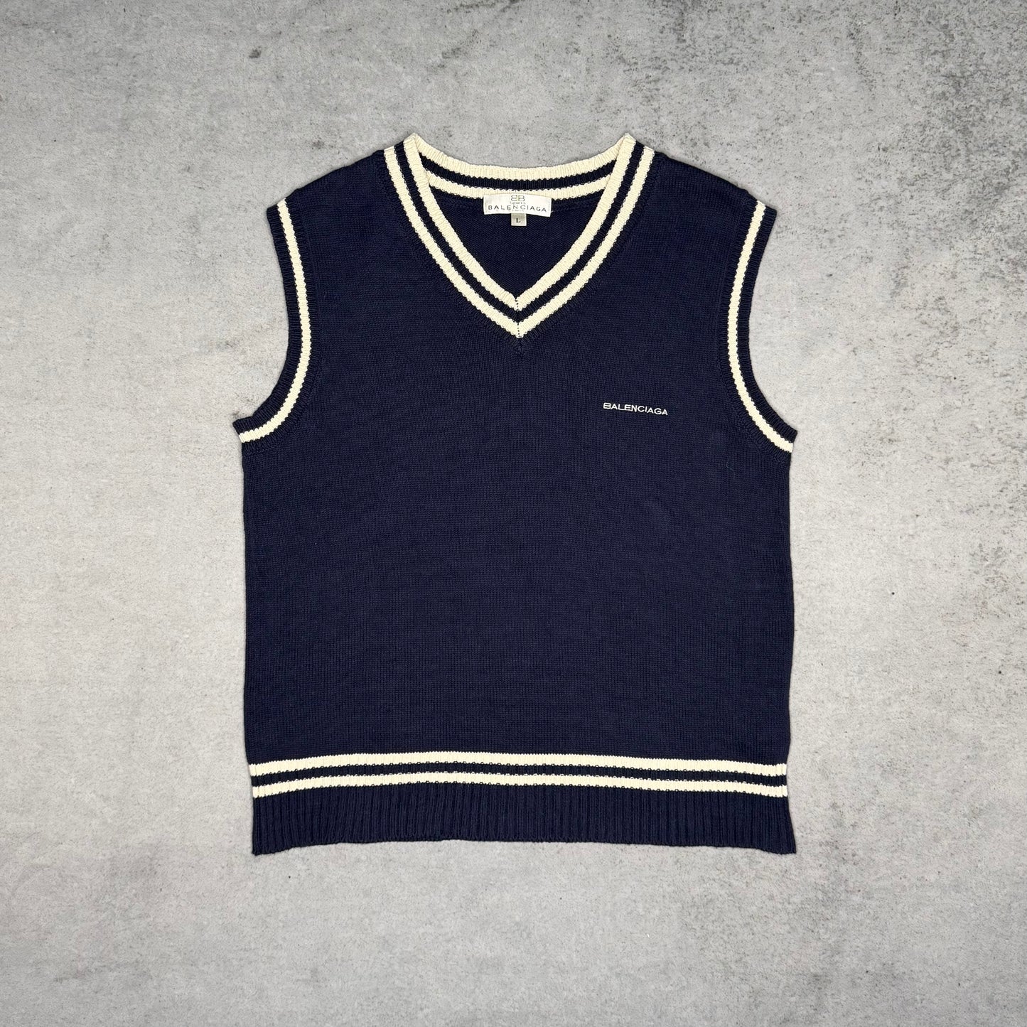 Balenciaga Vintage Knit Vest Pullover V-Neck navy blue white (fits S-M)