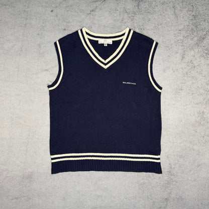 Balenciaga Vintage Knit Vest Pullover V-Neck navy blue white (fits S-M)