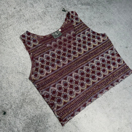 Vintage Tapestry Jacquard Tank Top Boho Brocade Red Gold (M)