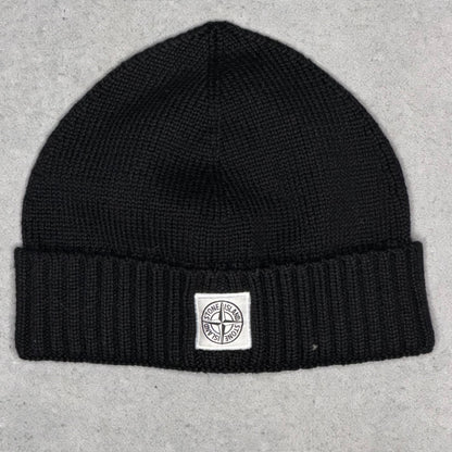 Stone Island Ribbed Knit Beanie Hat Compass Patch black