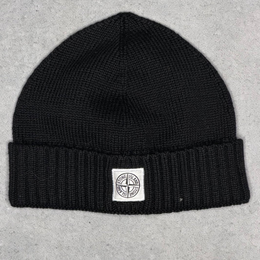 Stone Island Ribbed Knit Beanie Hat Compass Patch black