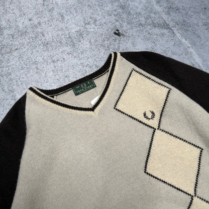 Fred Perry Vintage 90s V-Neck Argyle Knit Sweater grey white (L)