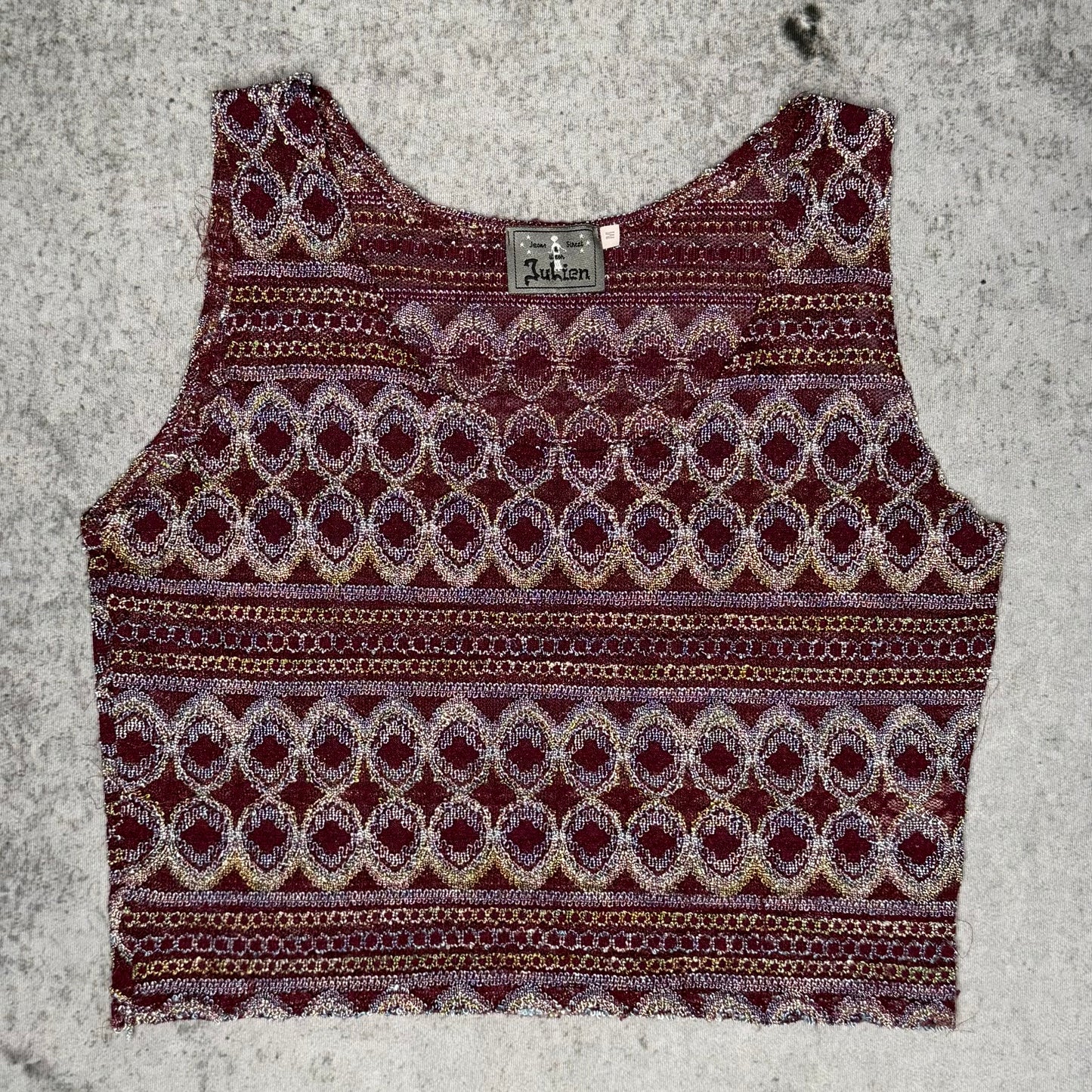 Vintage Tapestry Jacquard Tank Top Boho Brocade Red Gold (M)