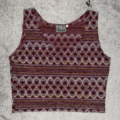 Vintage Tapestry Jacquard Tank Top Boho Brocade Red Gold (M)