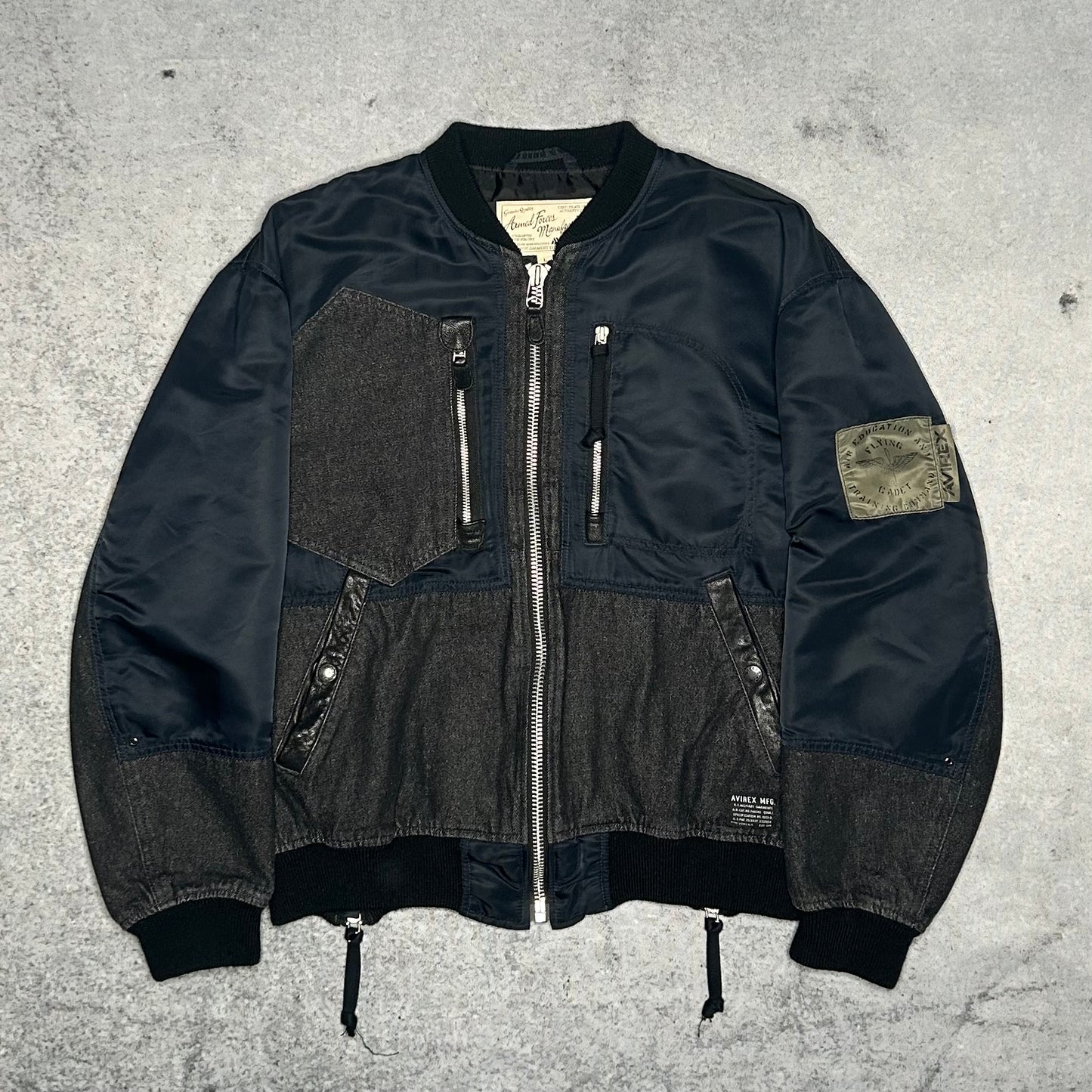Avirex Vintage Nylon Denim Leather Tactical Bomber Jacket navy grey (L)