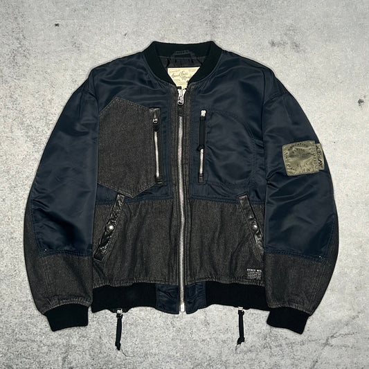 Avirex Vintage Nylon Denim Leather Tactical Bomber Jacket navy grey (L)