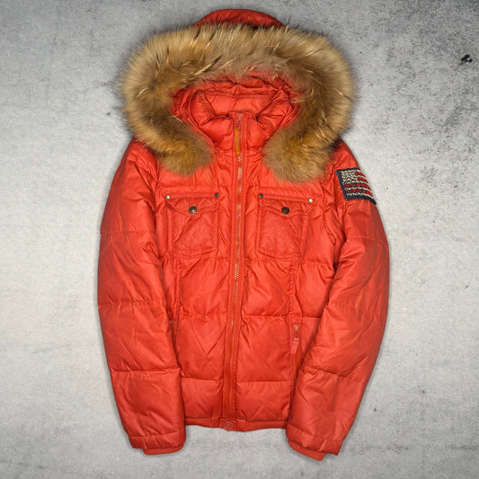 True Religion 00s Bomber Raccoon Fur Puffer Jacket red (fits S)