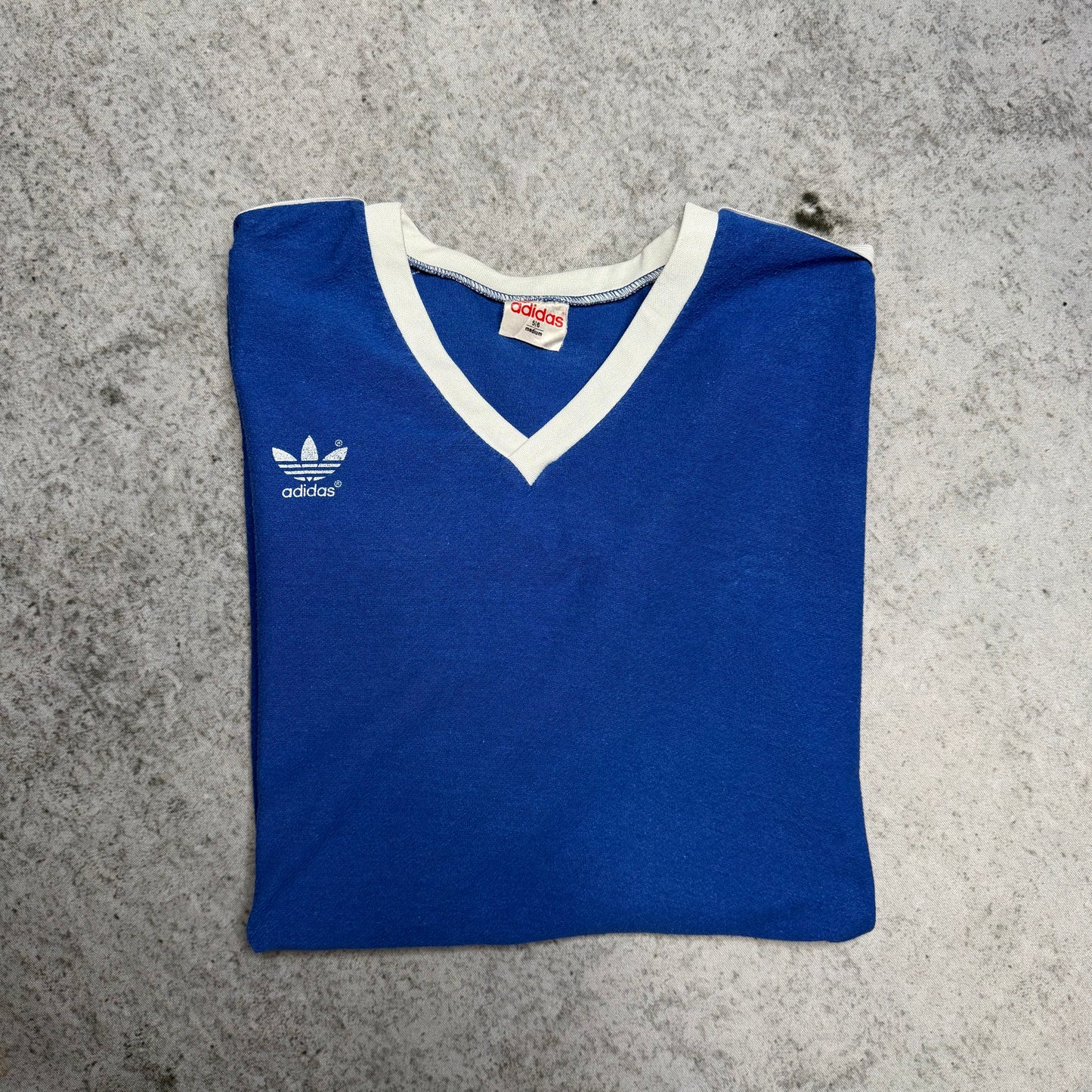Adidas Vintage 1970s V Neck Cotton Jersey Tee blue white "9" (M)