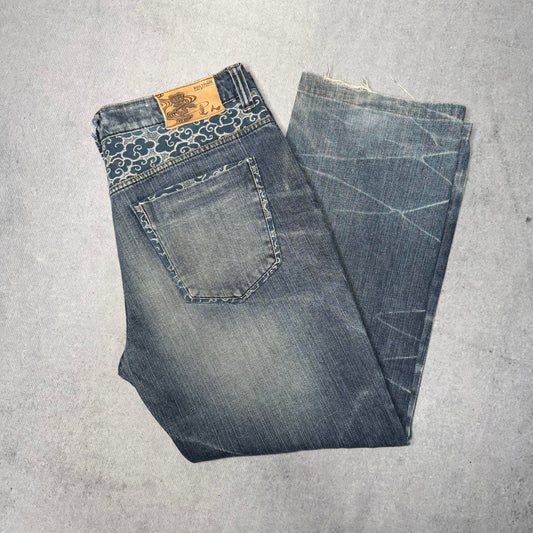 Big Train Osaka Vintage Japanese Clouds Embroidery Jeans (L)