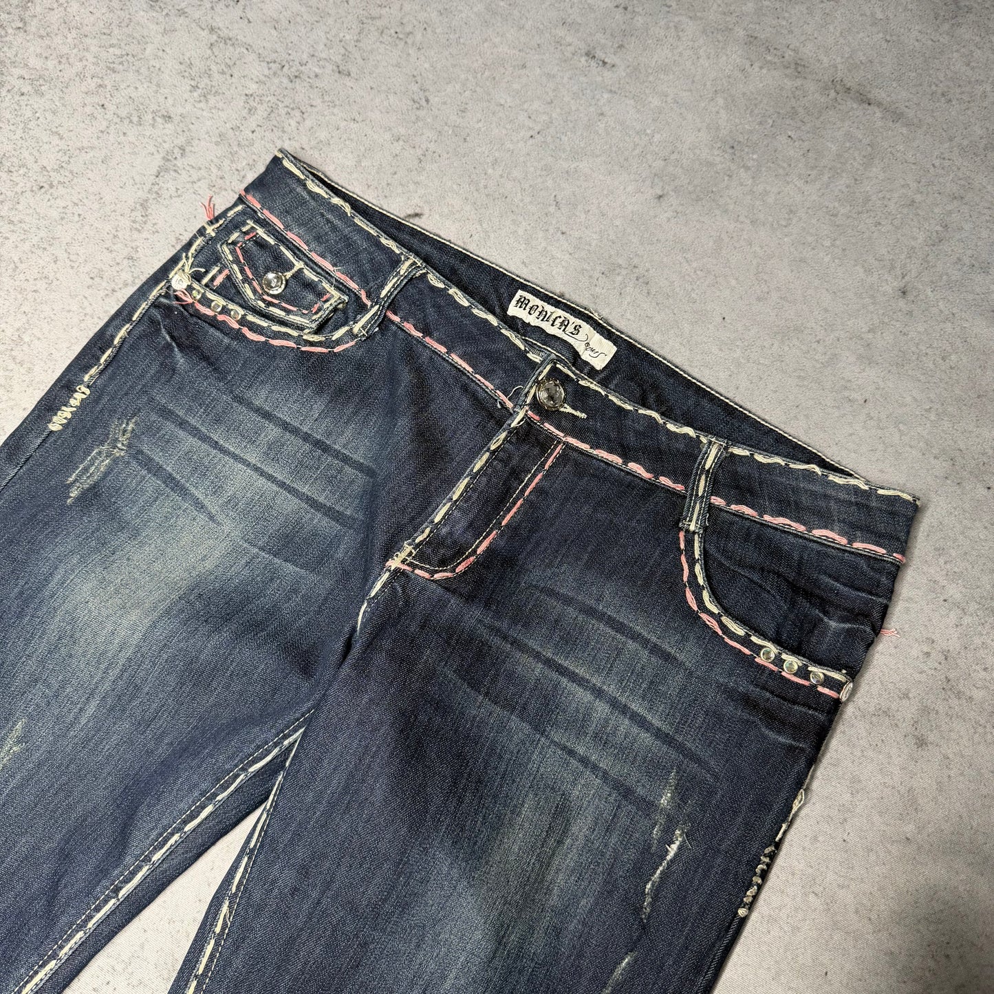 Monicas Jeans Y2K Low Waist Jeans Contrast Stitch (Womens XL)