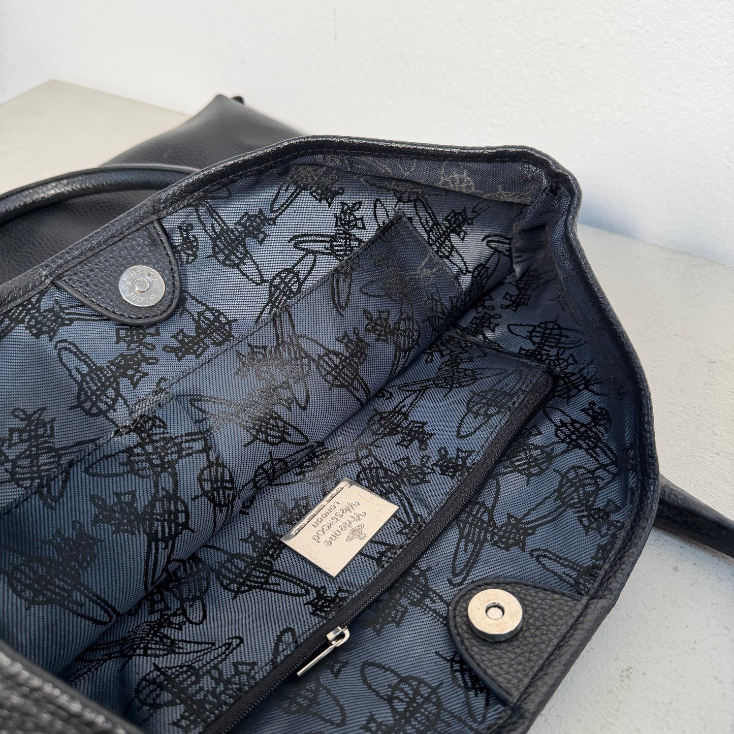 Vivienne Westwood Big Orb Logo Perforated Leather Handbag Tote Bag black